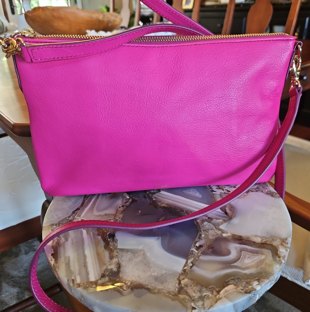 Fossil Hot Pink Leather Crossbody with Gold Hardware